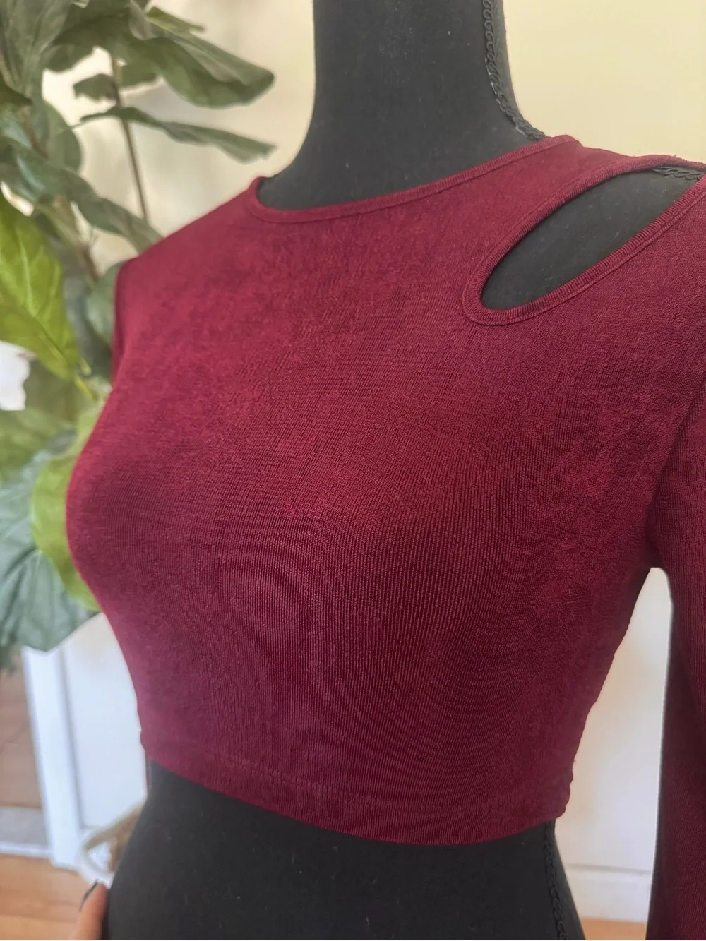 Electrica Burgundy Asymmetrical Cutout Long-Sleeve Crop Top